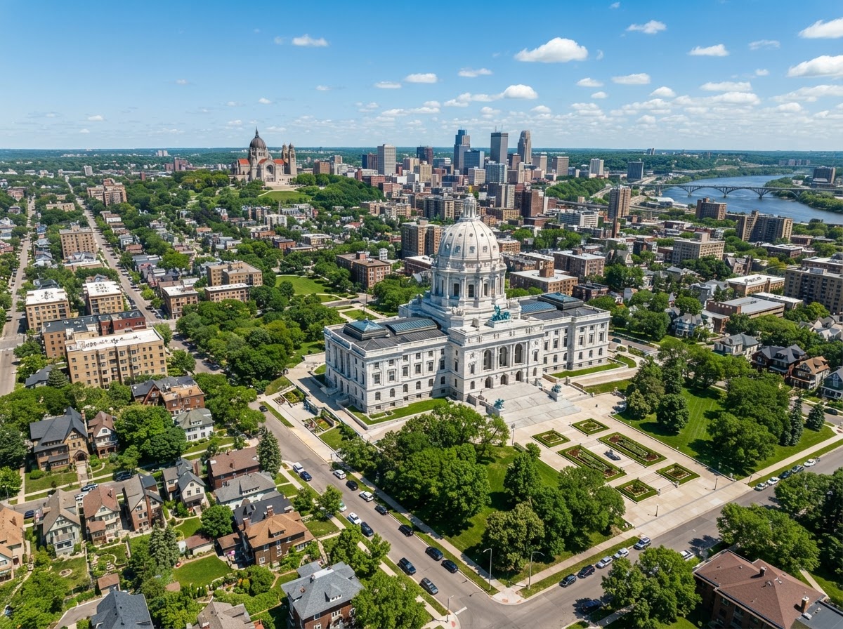 The St. Paul Minnesota state capitol building and surrounding neighborhoods on a bright sunny day