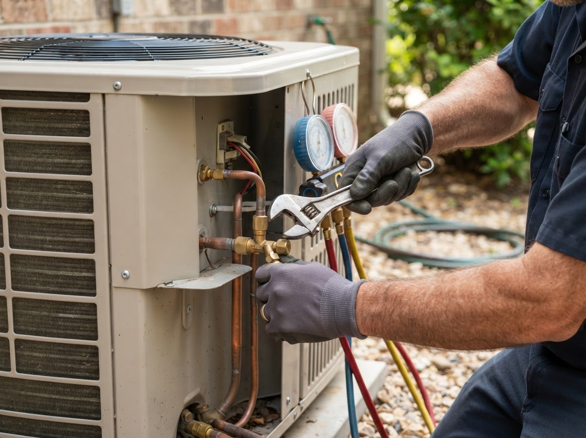 HVAC technician's hands repairing an outdoor air conditioner condenser with a wrench and manifold gauges