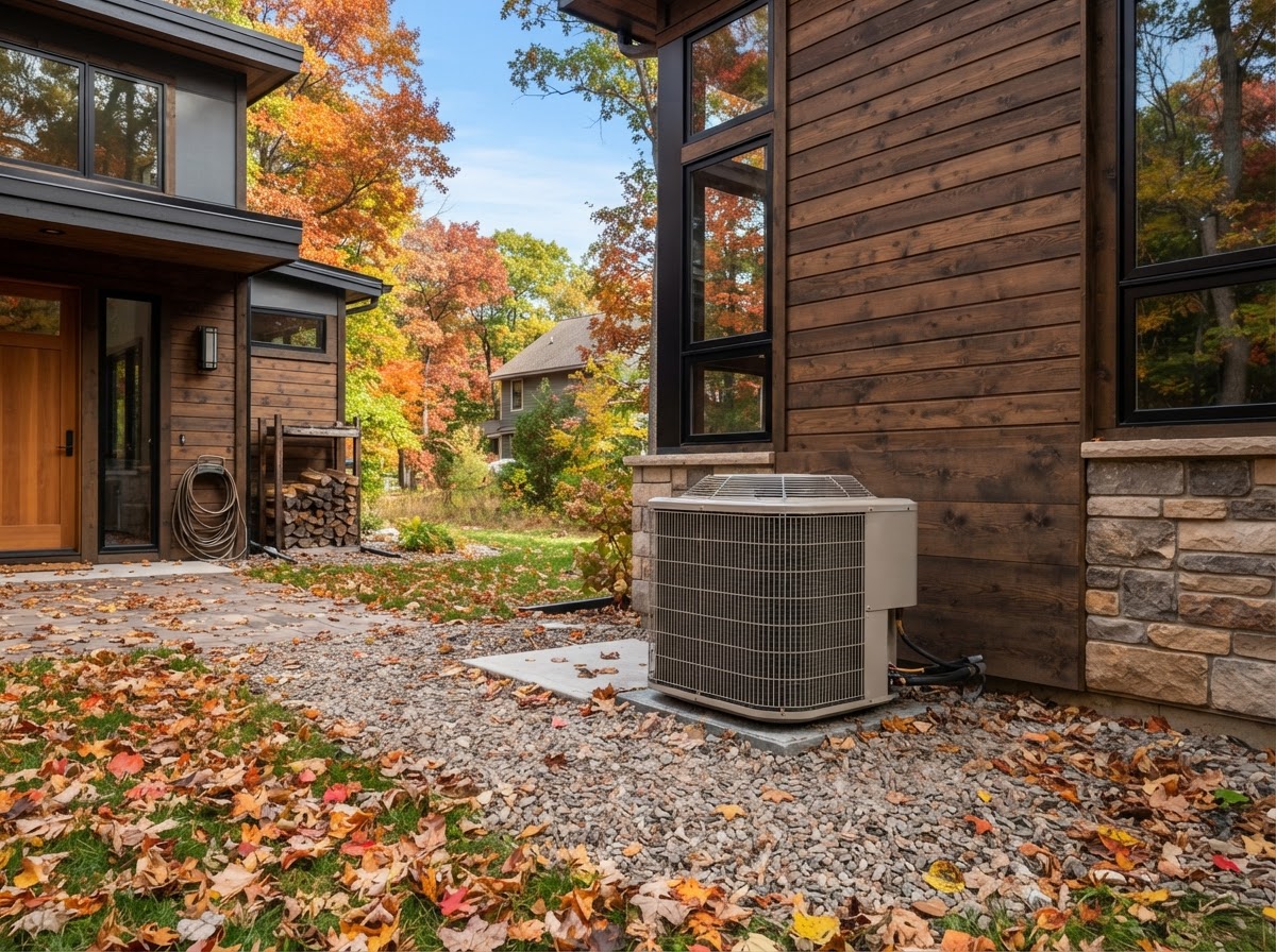 Outdoor heat pump unit beside a modern Minnesota home on a crisp autumn day with fallen leaves