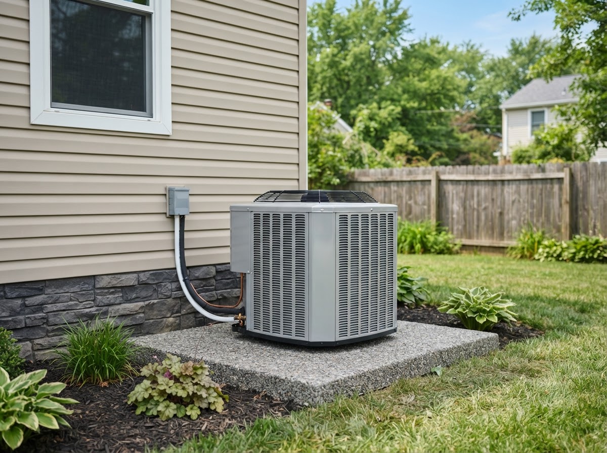 Newly installed silver outdoor air conditioning condenser unit on a stone pad beside a suburban home