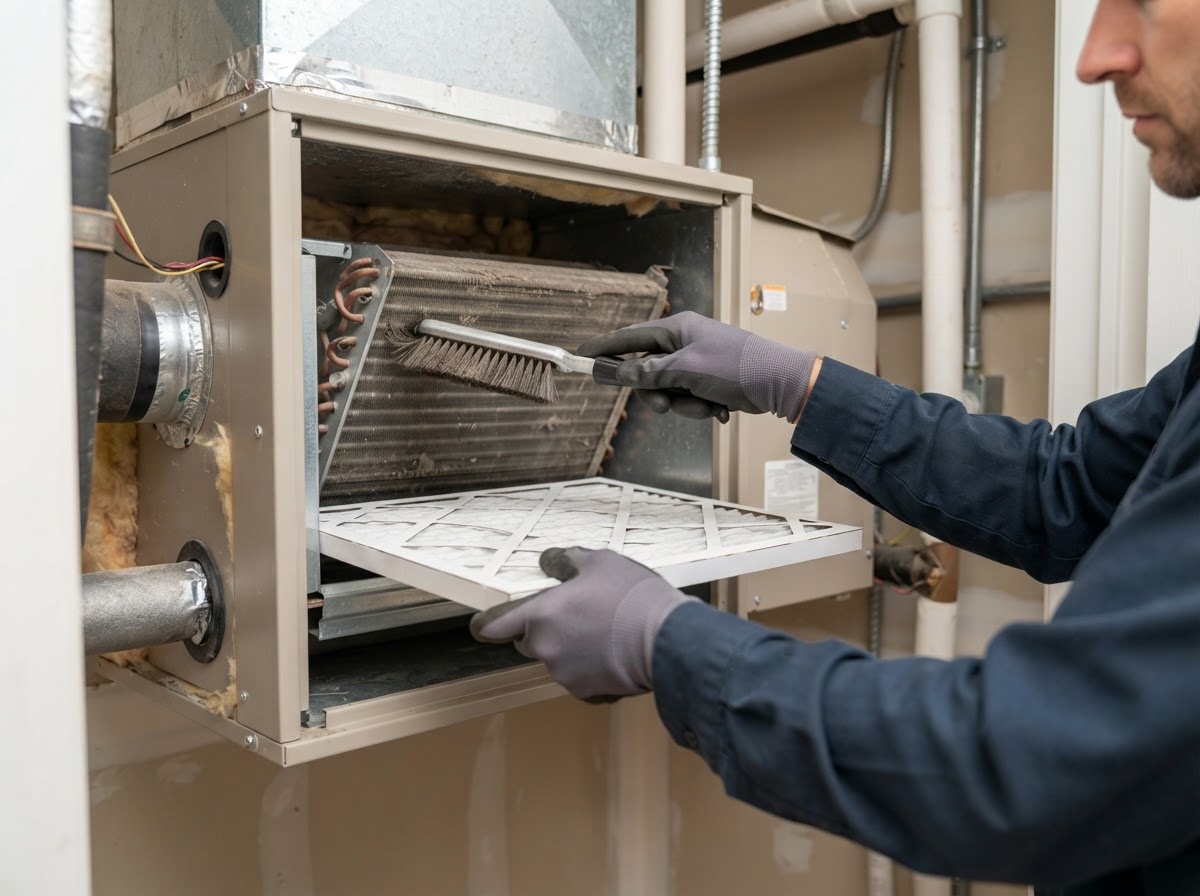 Technician's hands replacing an HVAC air filter and cleaning coils inside an indoor air handler