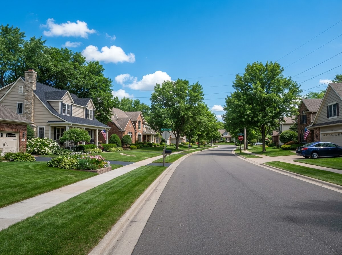 A quiet suburban residential neighborhood in Bloomington Minnesota with well-kept homes and green lawns under a blue sky