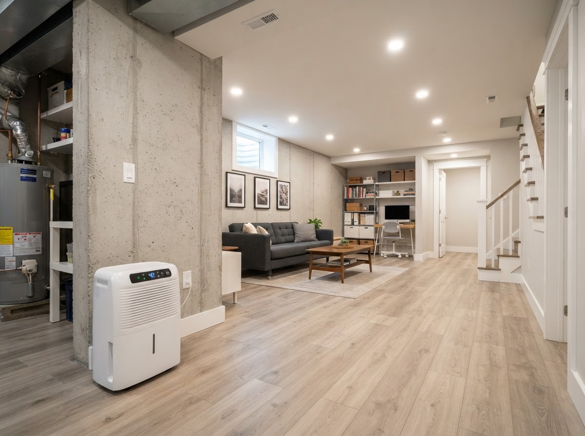 Dry, finished basement interior after crawl space encapsulation work in New Berlin, Wisconsin
