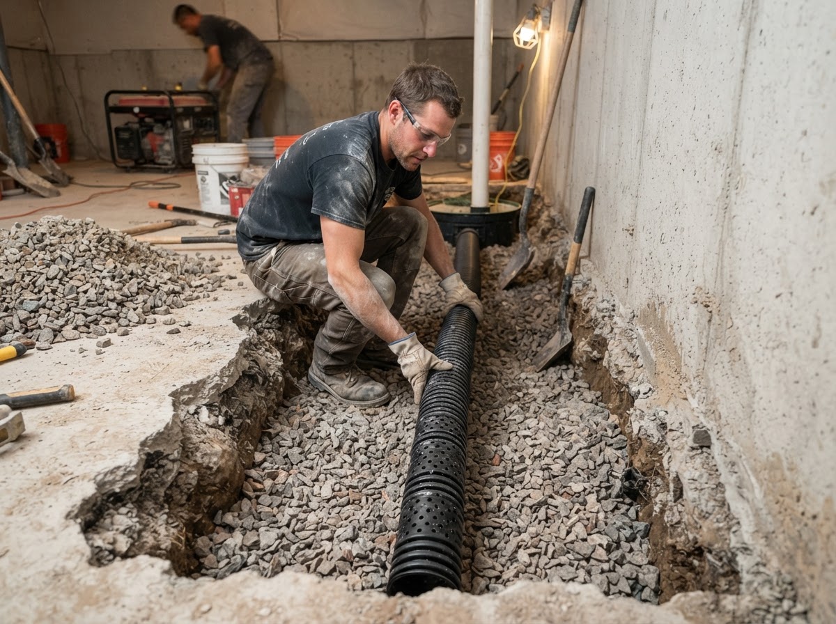 Interior drain tile installation in a basement trench in New Berlin WI