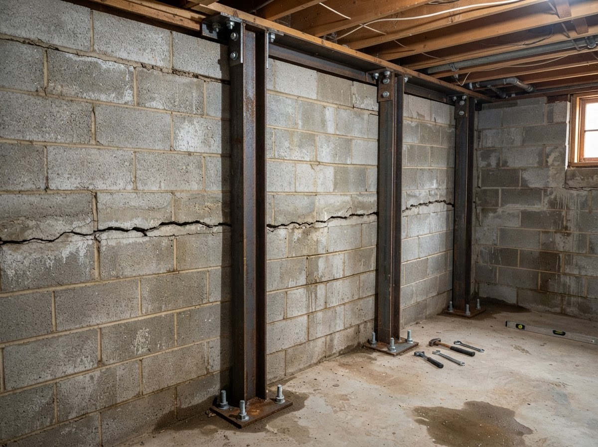 Bowing concrete block basement wall braced with steel beams in New Berlin WI