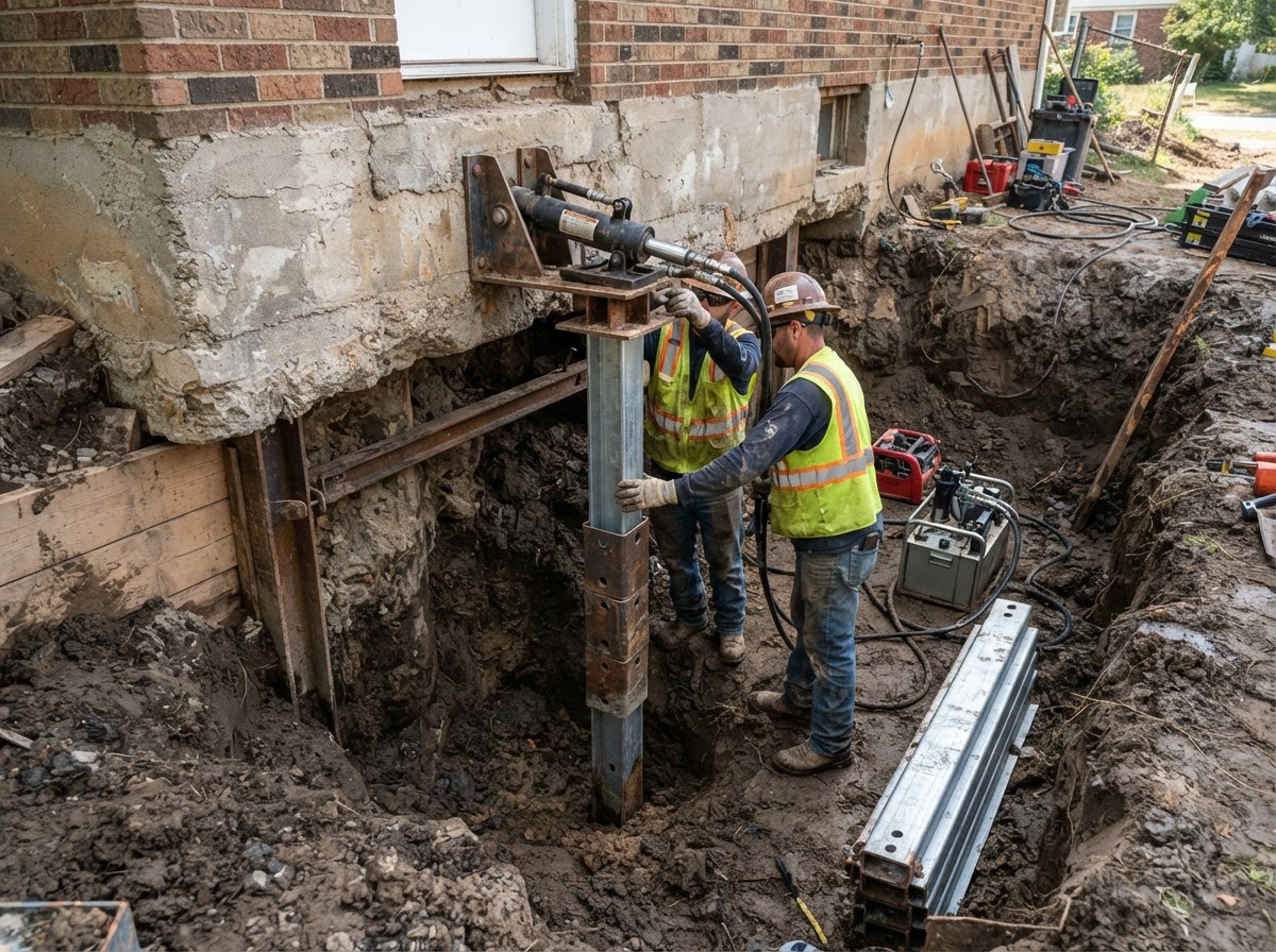 Steel foundation push piers installed under a house footing in New Berlin WI