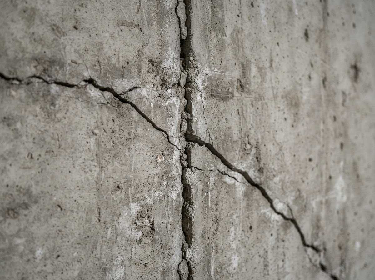 Vertical and diagonal crack in a poured concrete basement wall in New Berlin WI