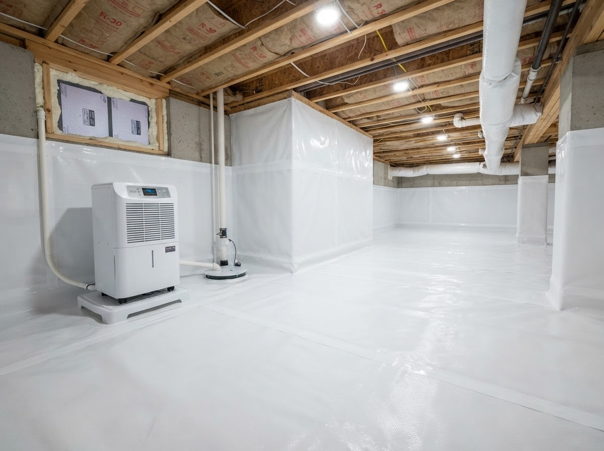 Encapsulated crawl space with white vapor barrier and dehumidifier in New Berlin WI