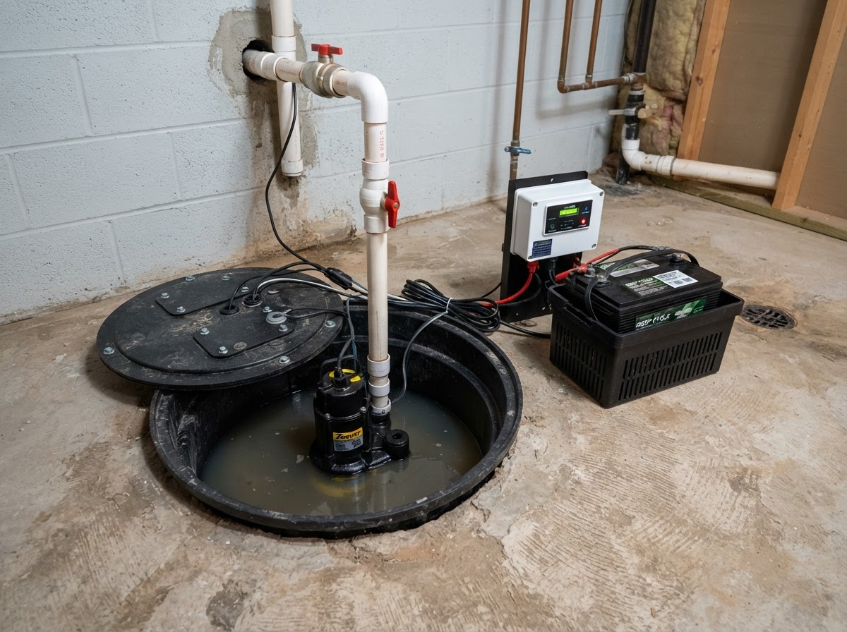 Sump pump inside a basin with discharge pipe and battery backup in a New Berlin basement