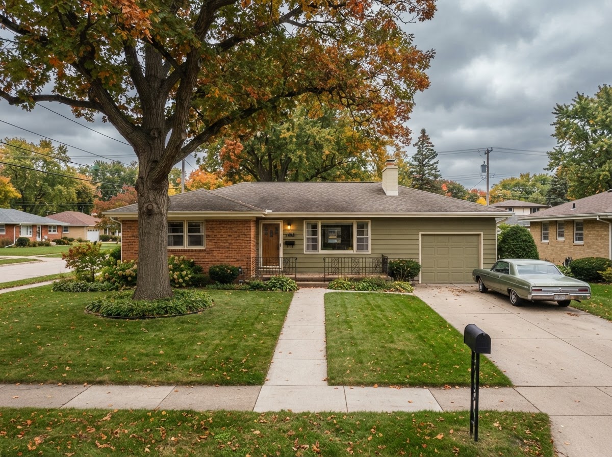 Typical 1960s ranch-style home in New Berlin, Wisconsin on an overcast day