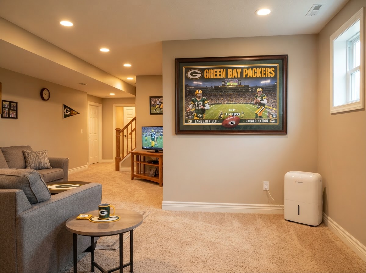 Dry, finished basement with a Green Bay Packers poster on the wall after crawl space encapsulation work in New Berlin, Wisconsin