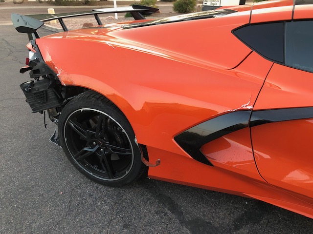 Corvette C8 rear quarter collision damage assessment at Campus Body Salon Ltd. (Collision Center), Tempe, AZ