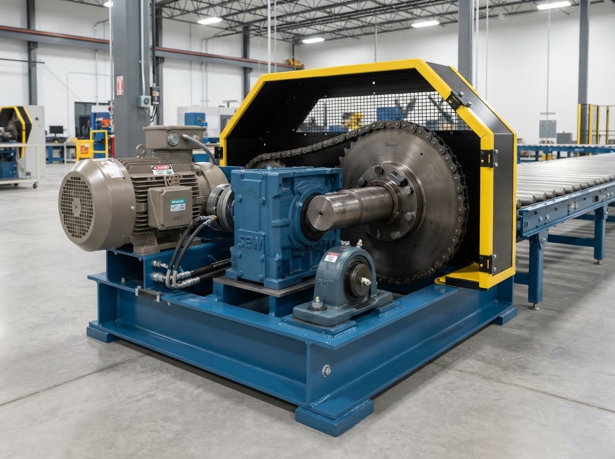 Conveyor drive assembly — geared motor, gearbox, drive shaft, bearings and chain — no people