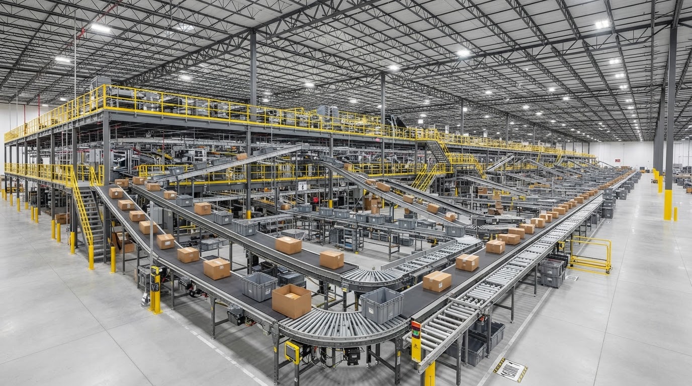 Extensive multi-tier automated material handling and conveyor network inside a modern distribution facility — no people