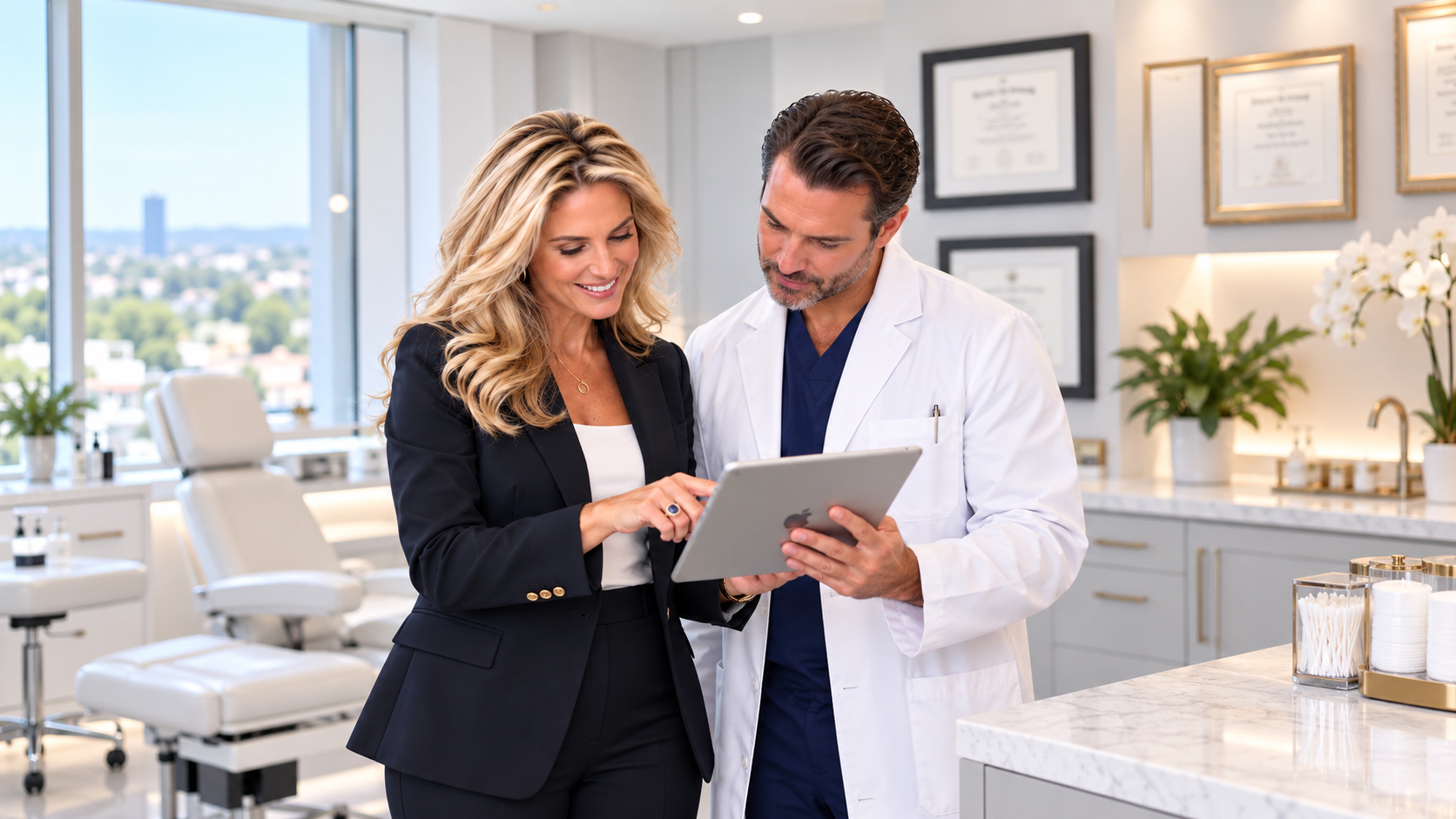 Sales Representative consulting with clinic doctor reviewing partner revenue