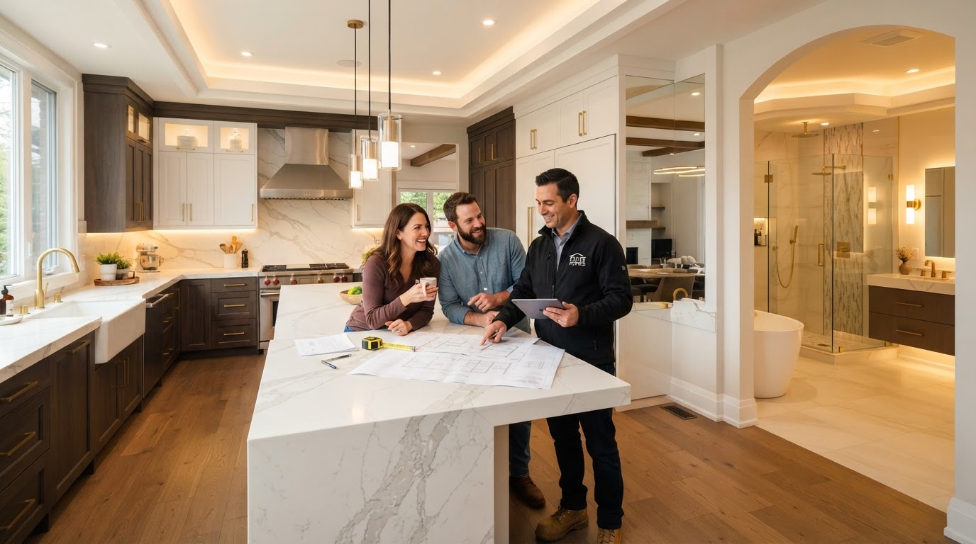 Contractor reviewing remodeling project with homeowners