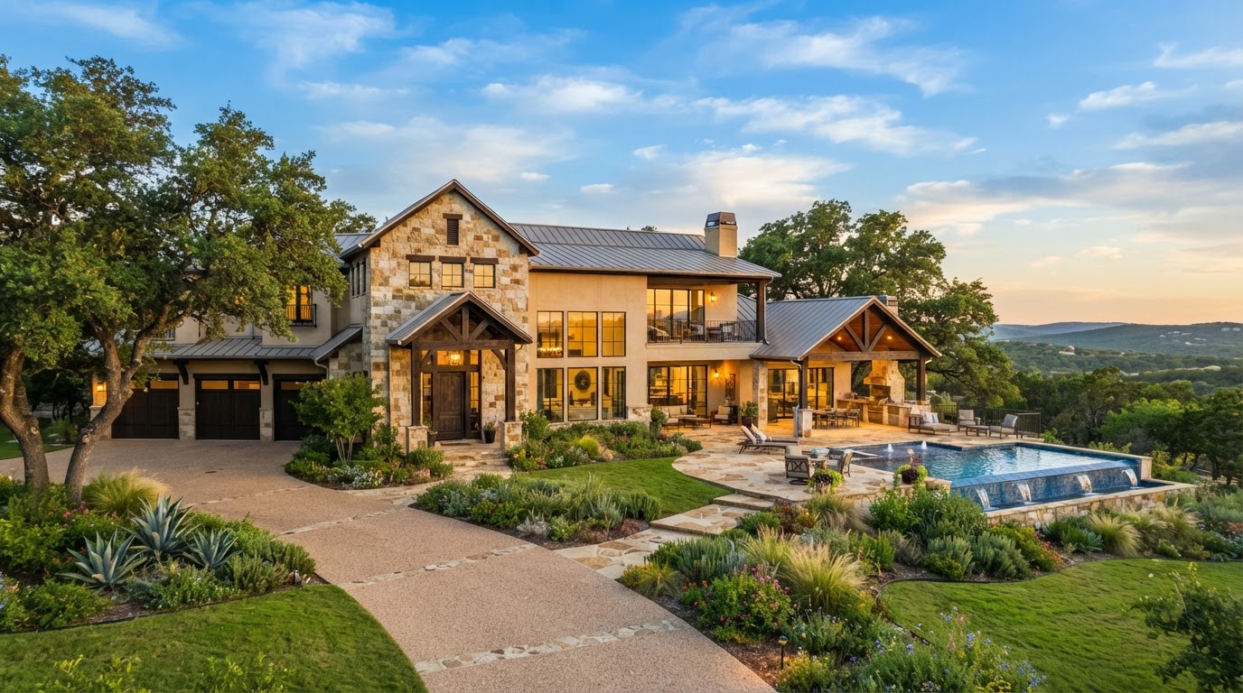 San Antonio hill country luxury home at golden hour