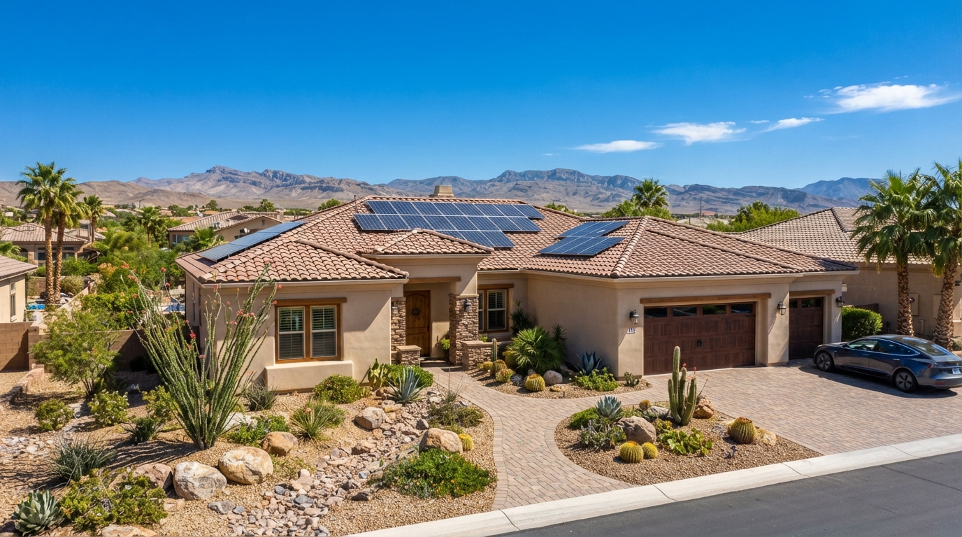 Professionally cleaned solar panels on a Las Vegas-area home in bright sunlight