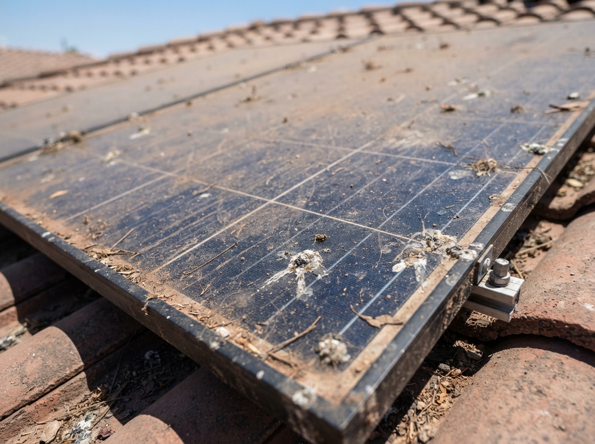 Solar panels with debris and bird droppings from pigeon nesting