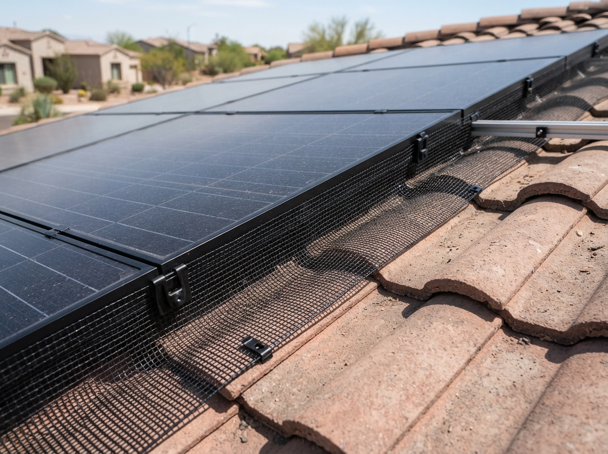 Solar panels with black PVC-coated mesh critter guard installed around the perimeter