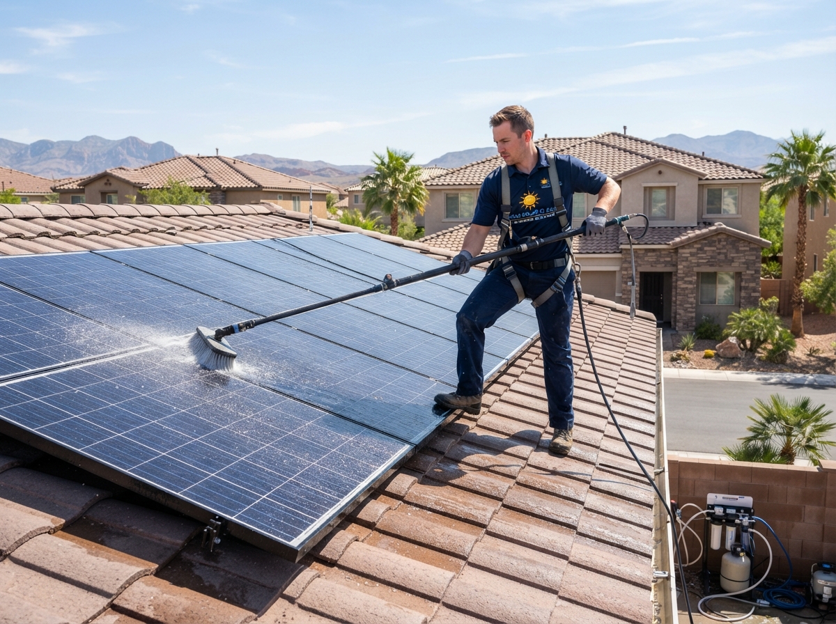 Technician cleaning residential solar panels with a water-fed soft-bristle brush