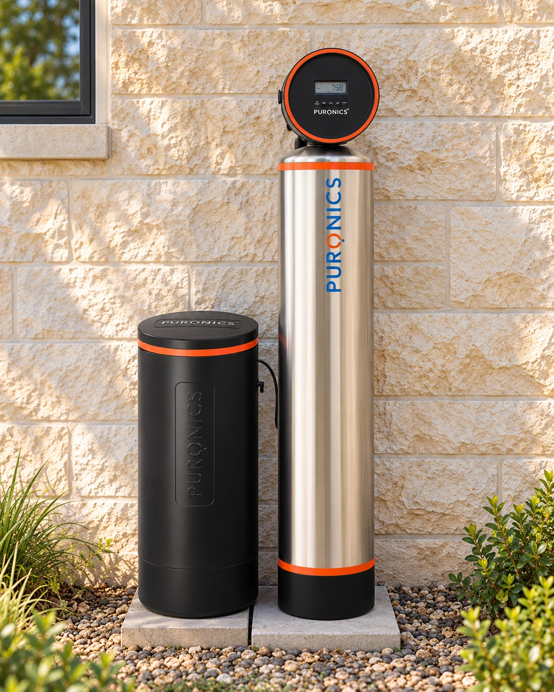 Sistema residencial de tratamiento de agua Puronics Hydronex instalado en una residencia de Dallas–Fort Worth