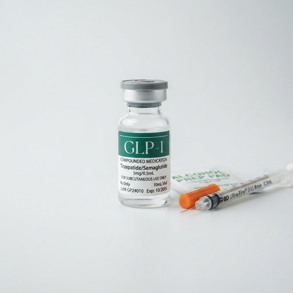 GLP-1 Tirzepatide and Semaglutide once-weekly weight loss injection vial