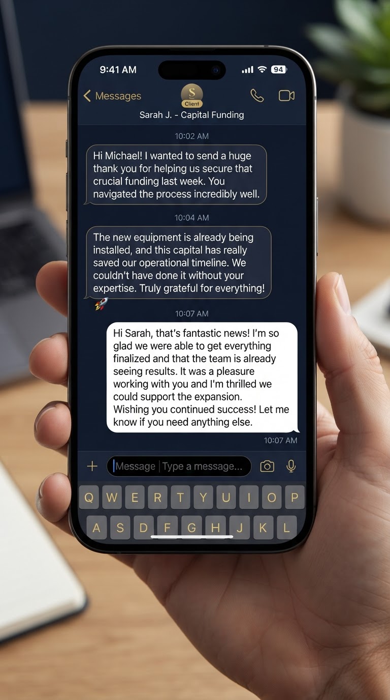 Text message testimonial from a funded client