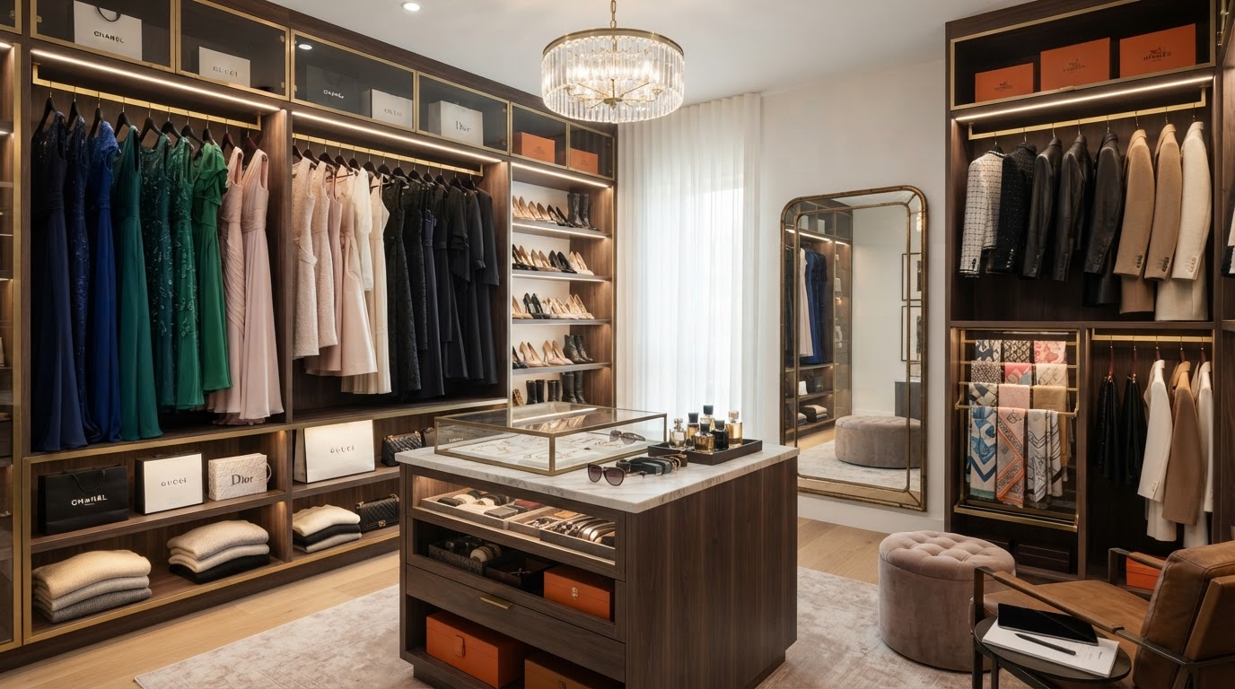 A curated, organized luxury wardrobe