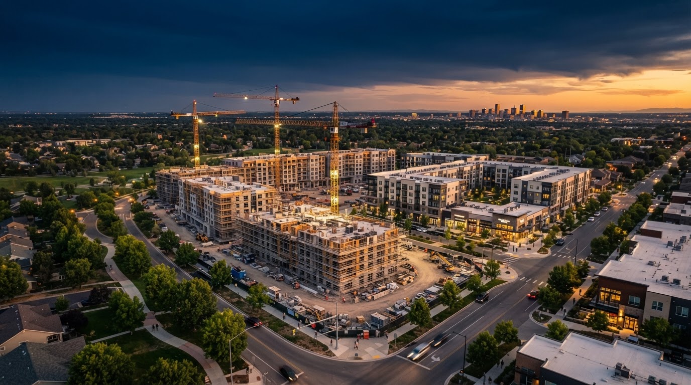 Aerial view of a developing urban community at golden hour