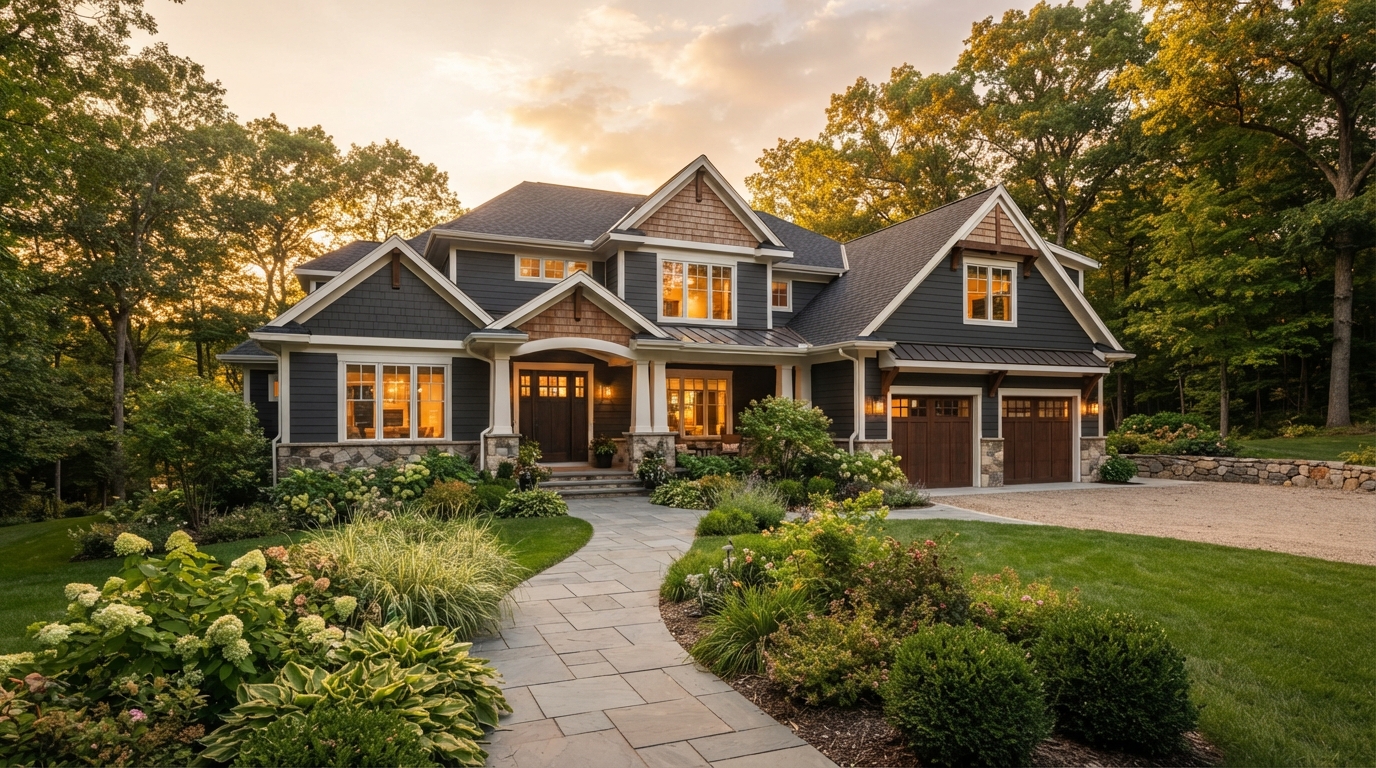 Beautifully painted upscale Michigan home at golden hour