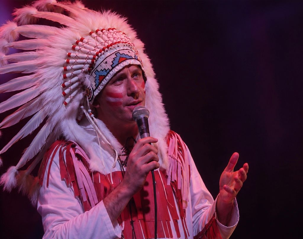 Big Chief Blazing Star (Chrissy Mac) performing live with microphone wearing feathered showband headdress