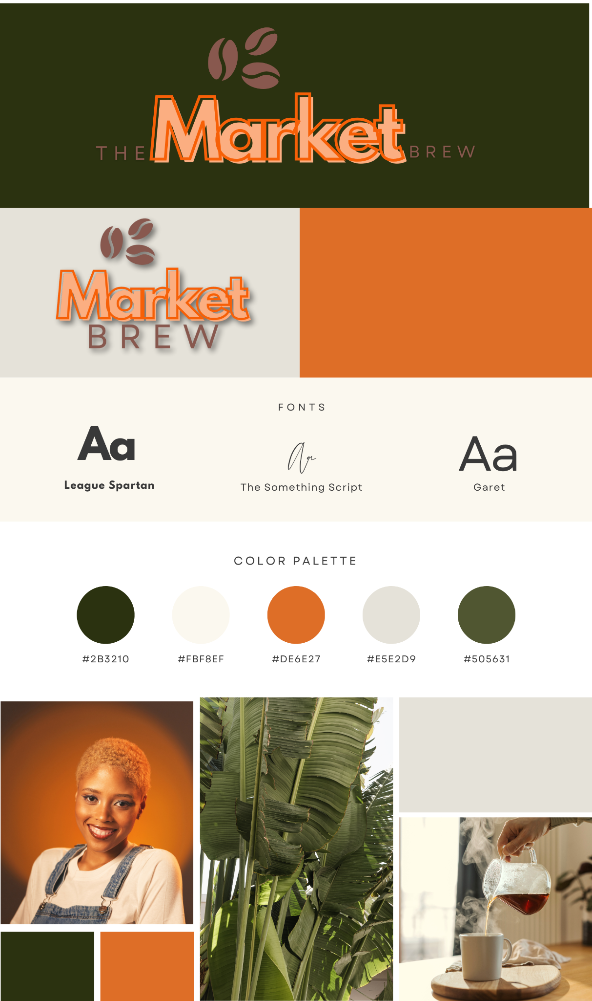 The Market Brew Brand Kit showing logo variants, typography League Spartan, The Something Script, Garet, earthy color palette, and photography moodboard