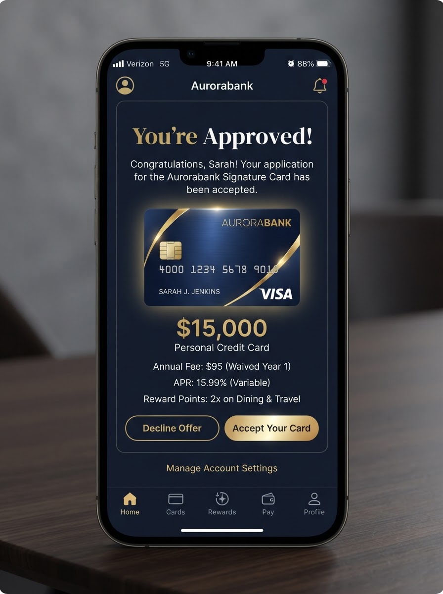 Personal credit card approval — $15,000
