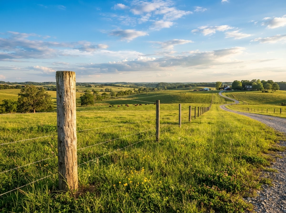 Open rural acreage marked by a wooden boundary fence