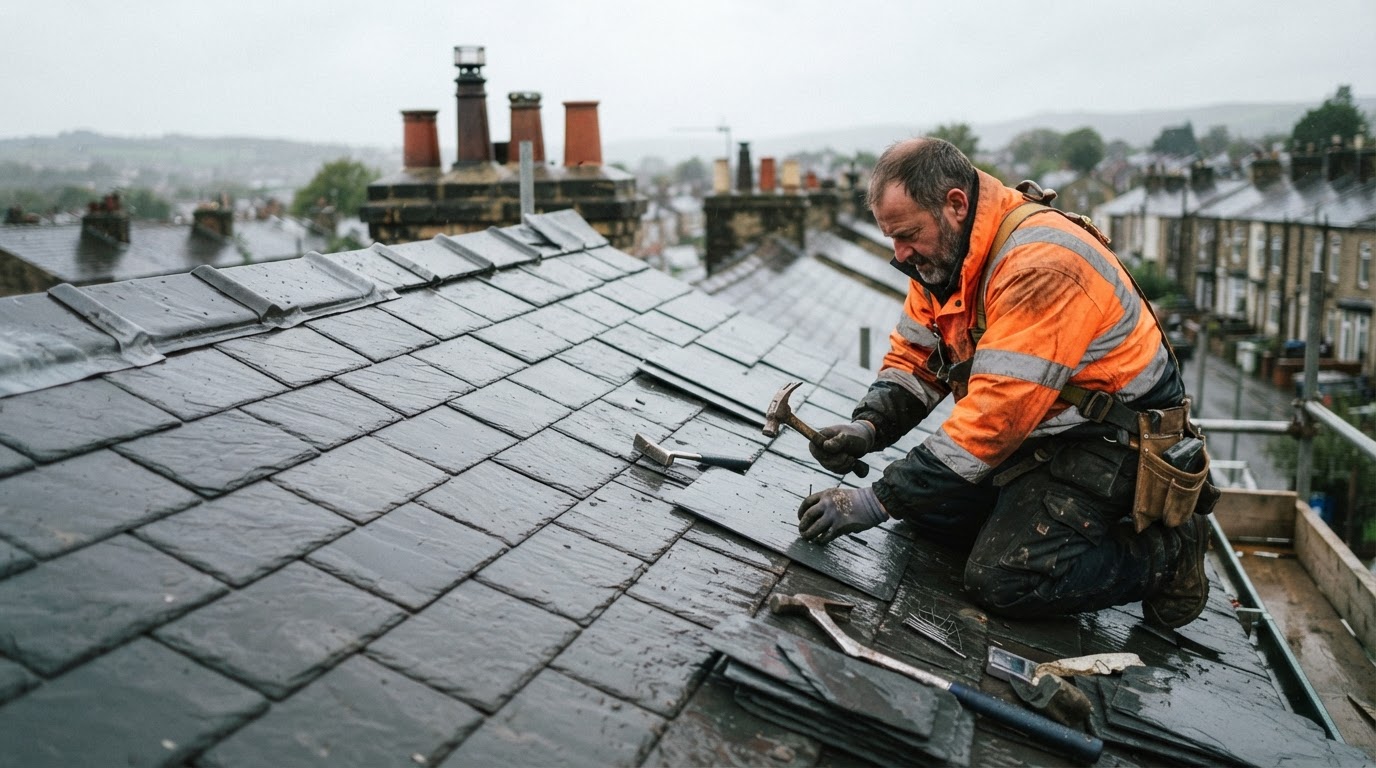 A UK roofer focused on working on a residential roof