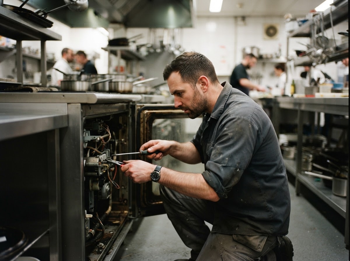 A catering equipment engineer working in a commercial kitchen