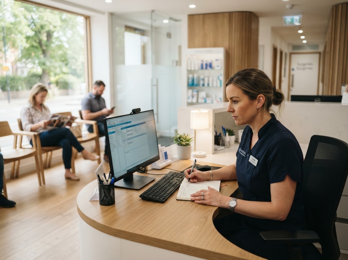 A busy dental practice reception