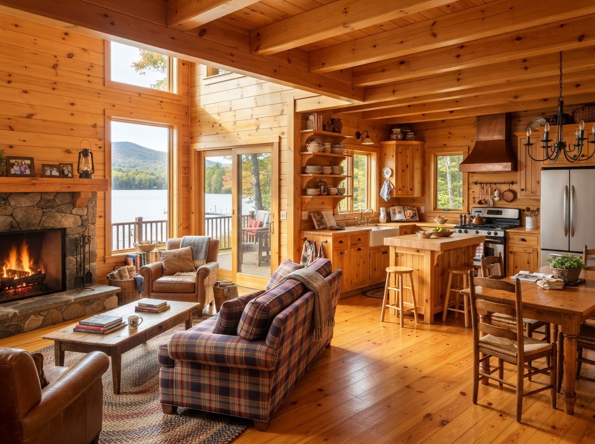 Clean rustic Vermont cabin living room