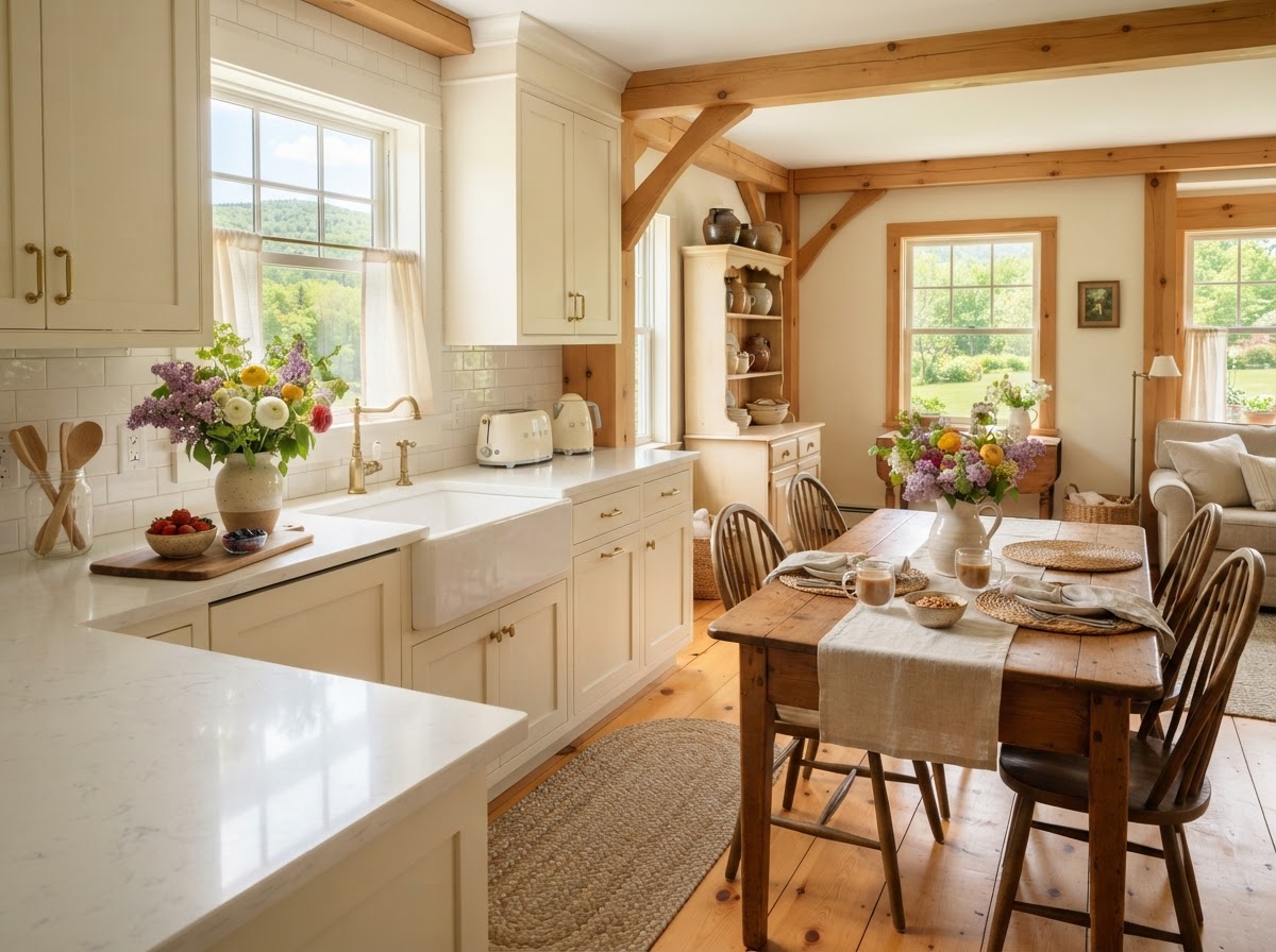 Clean country home kitchen and dining area with morning light
