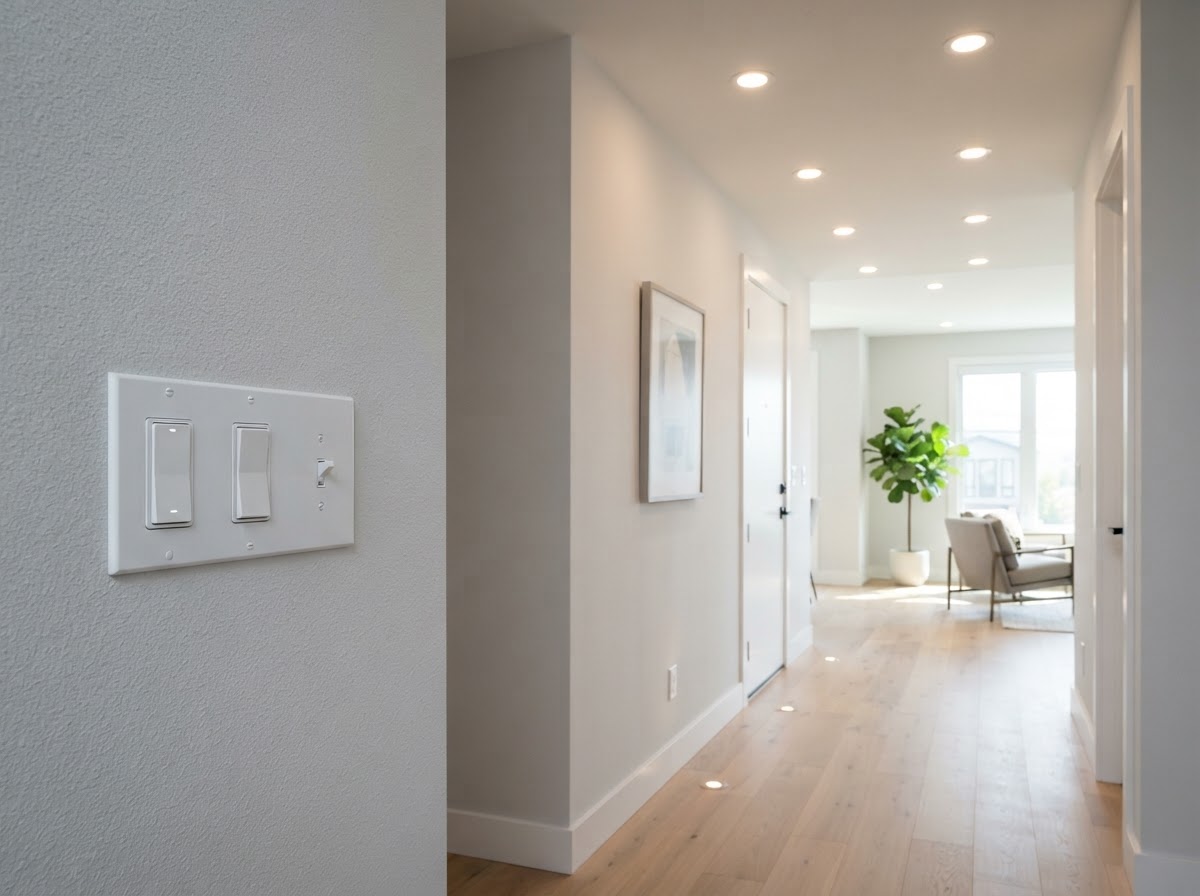 Residential interior lighting and switches stock photo