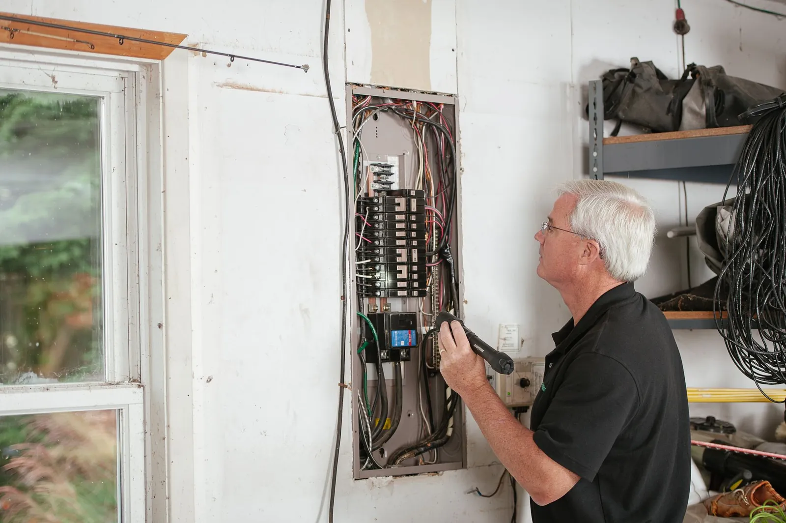 Electrician working on electrical breaker panel in Troy, Vermont
