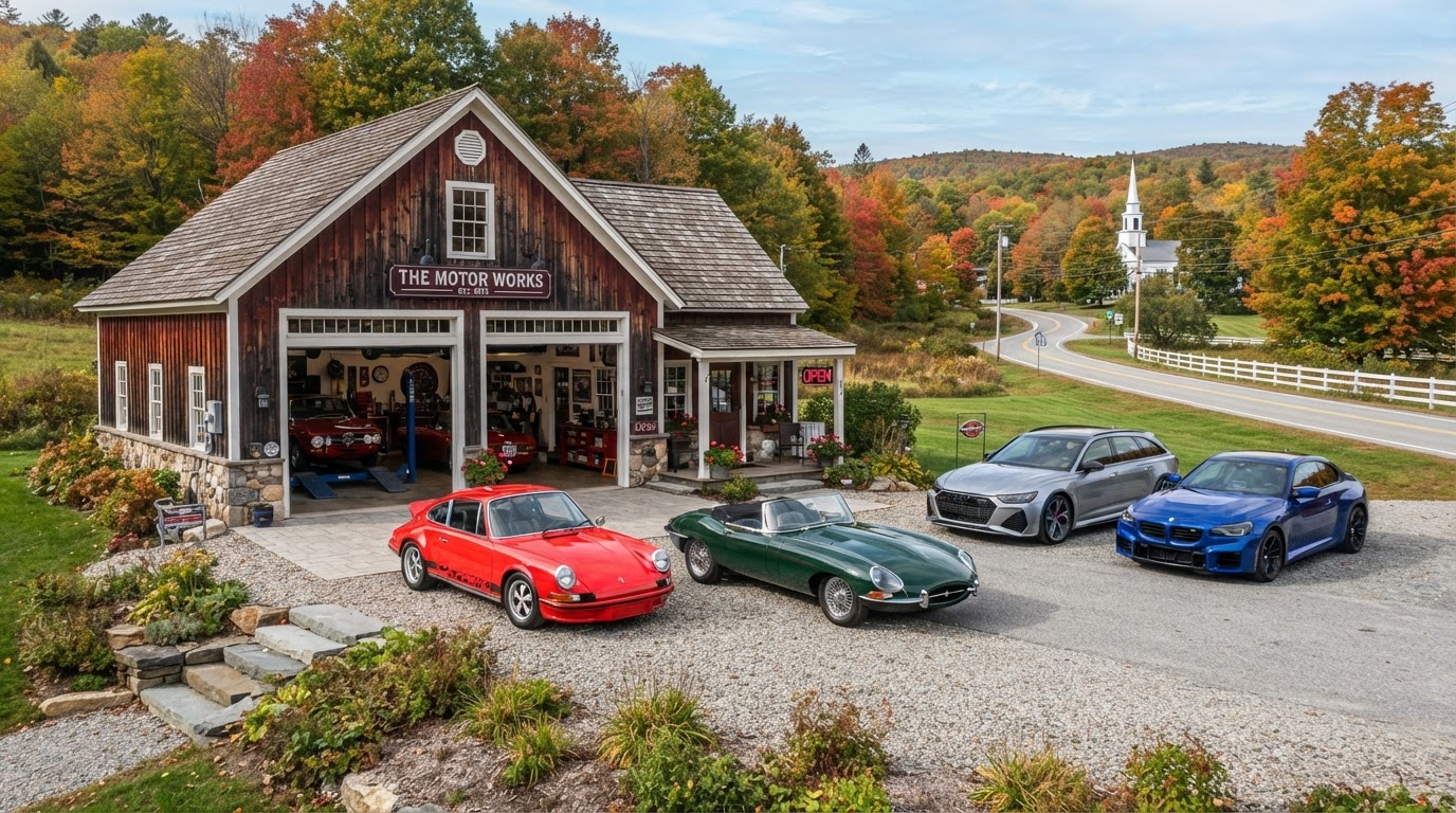 European cars parked in a rural Vermont countryside setting