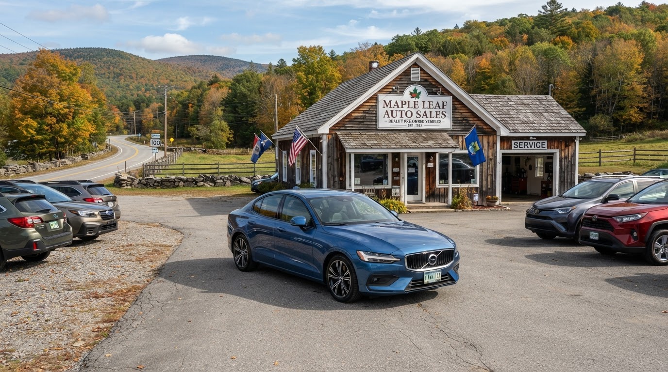 European sedan on a rural auto sales lot in Vermont