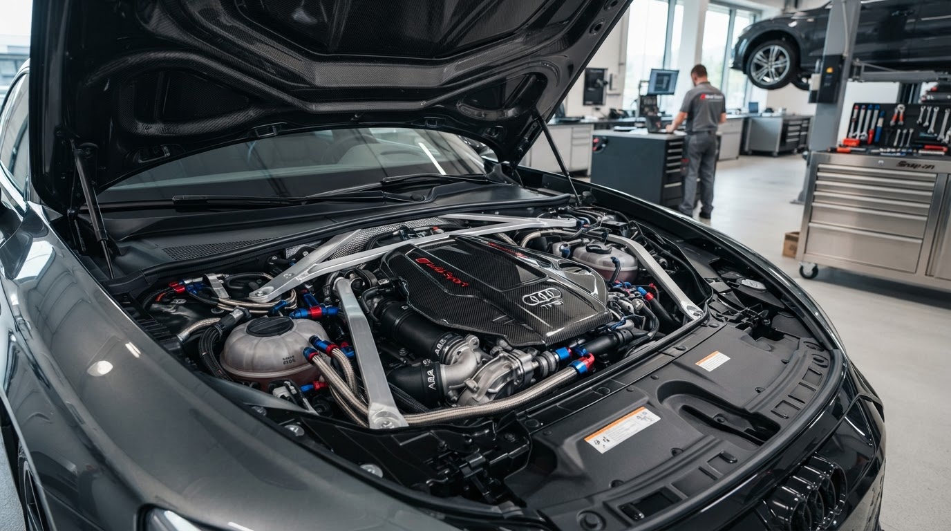 Close up of modern European car engine bay and mechanical engineering
