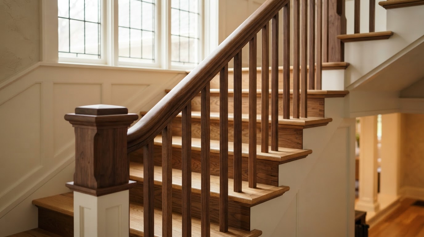 Custom wood stair handrail and millwork craftsmanship