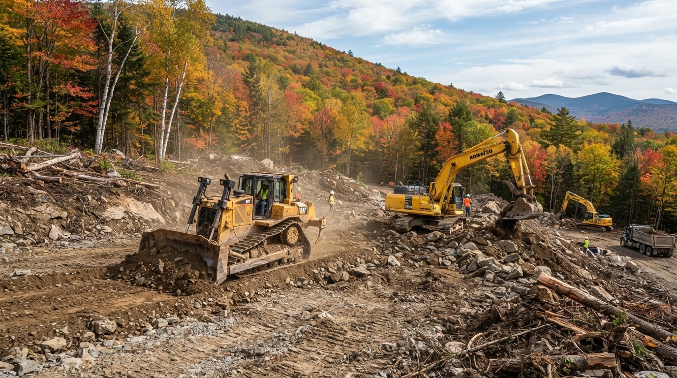 Bulldozer and earthmoving equipment clearing rocky land