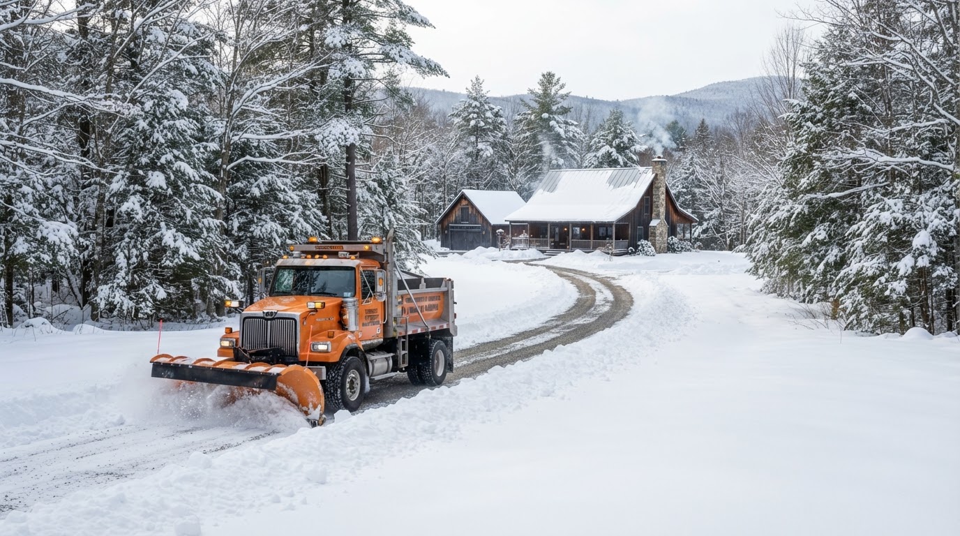 Winter snow plowing equipment on a driveway