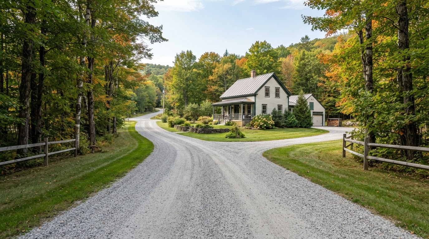 Freshly graded gravel driveway on a rural property in Vermont