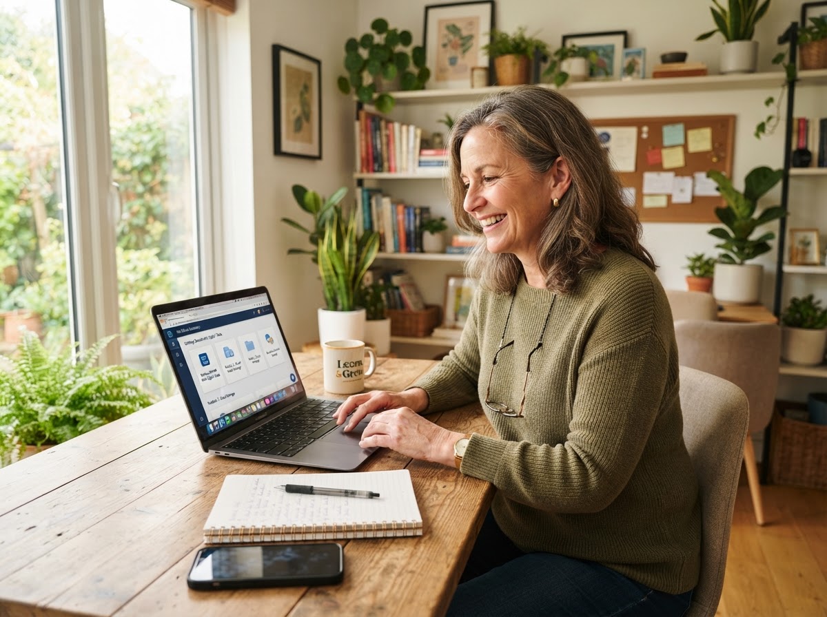 A confident woman in her late 50s learning new technology on her laptop